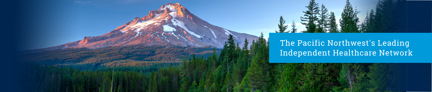 Praxis Greenhouse Banner, Mount Hood with forest landscape